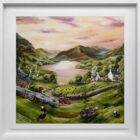 Lake District art original acrylic painting by Caroline Deighton. Whatever Cranks your Tractor. Herdwick sheep and farmyard vehicles in green fields overlooking fells lake and cottages