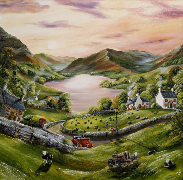 Lake District art original acrylic painting by Caroline Deighton. Whatever Cranks your Tractor. Herdwick sheep and farmyard vehicles in green fields overlooking fells lake and cottages