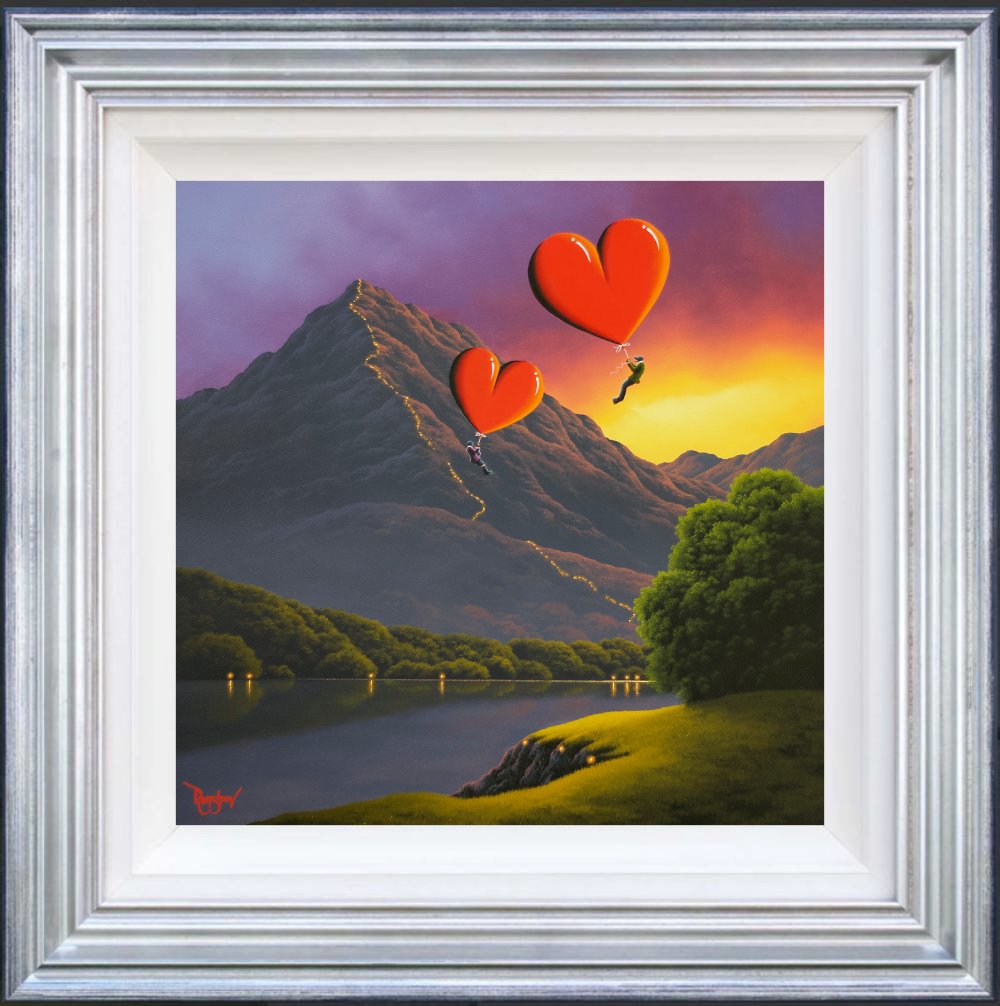 Lake District art original oil painting by David Renshaw Wherever you go I'll follow. Featuring ted and doris flying on red heart balloons above mountain with light trail path