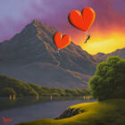 Lake District art original oil painting by David Renshaw Wherever you go I'll follow. Featuring ted and doris flying on red heart balloons above mountain with light trail path