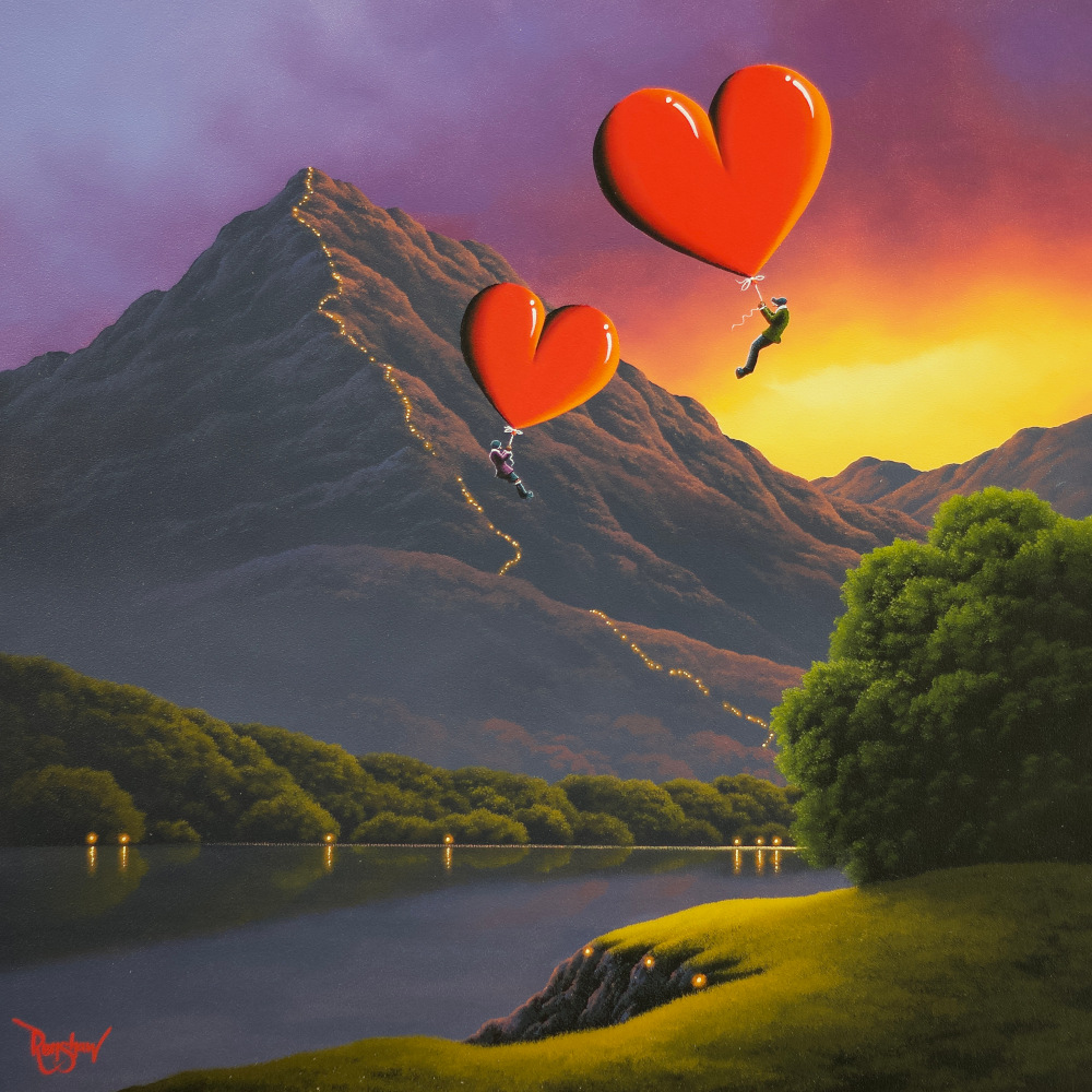 Wherever You Go, I'll Follow by David Renshaw Lake District art original oil painting by David Renshaw Wherever you go I'll follow. Featuring ted and doris flying on red heart balloons above mountain with light trail path