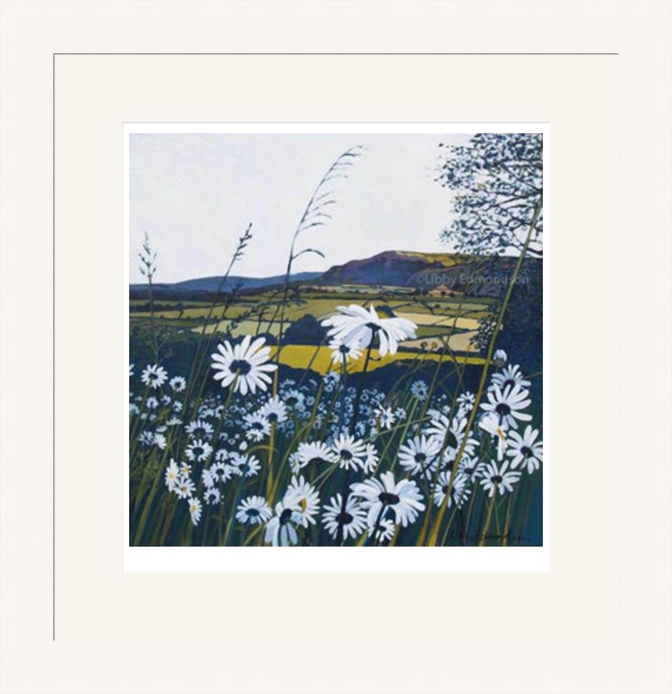 Art print by Lake District artist Libby Edmondson of White Scar White Daisies 2008 a summer scene with lots of wildflowers and lush green landscape beyond