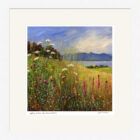 Lake District art print Wild & Free Derwentwater by local artist Jeff Sudders. Colourful wild flowers bloom on the shore of Derwentwater with Maiden Moor and Catbells in the distance.