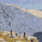 Lake District art original oil painting by Jeff Sudders Winter Hike on the way up to striding edge helvellyn two colourful hikers in snowy walking conditions looking up to fell top