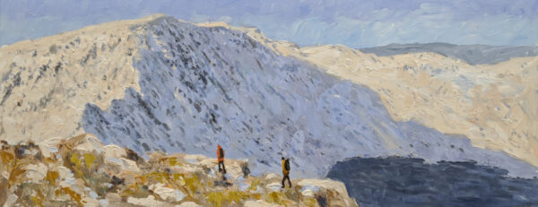 Lake District art original oil painting by Jeff Sudders Winter Hike on the way up to striding edge helvellyn two colourful hikers in snowy walking conditions looking up to fell top