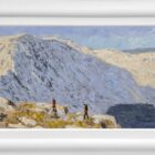 Lake District art original oil painting by Jeff Sudders Winter Hike on the way up to striding edge helvellyn two colourful hikers in snowy walking conditions looking up to fell top