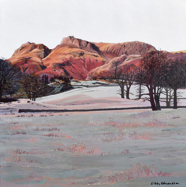 Art print by Lake District artist Libby Edmondson of Winter Morning Langdale - a frosty winter scene of the langdale pikes near Ambleside