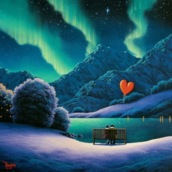Oil painting by David Renshaw featuring Ted and Doris under the Northern Lights in a wintery landscape