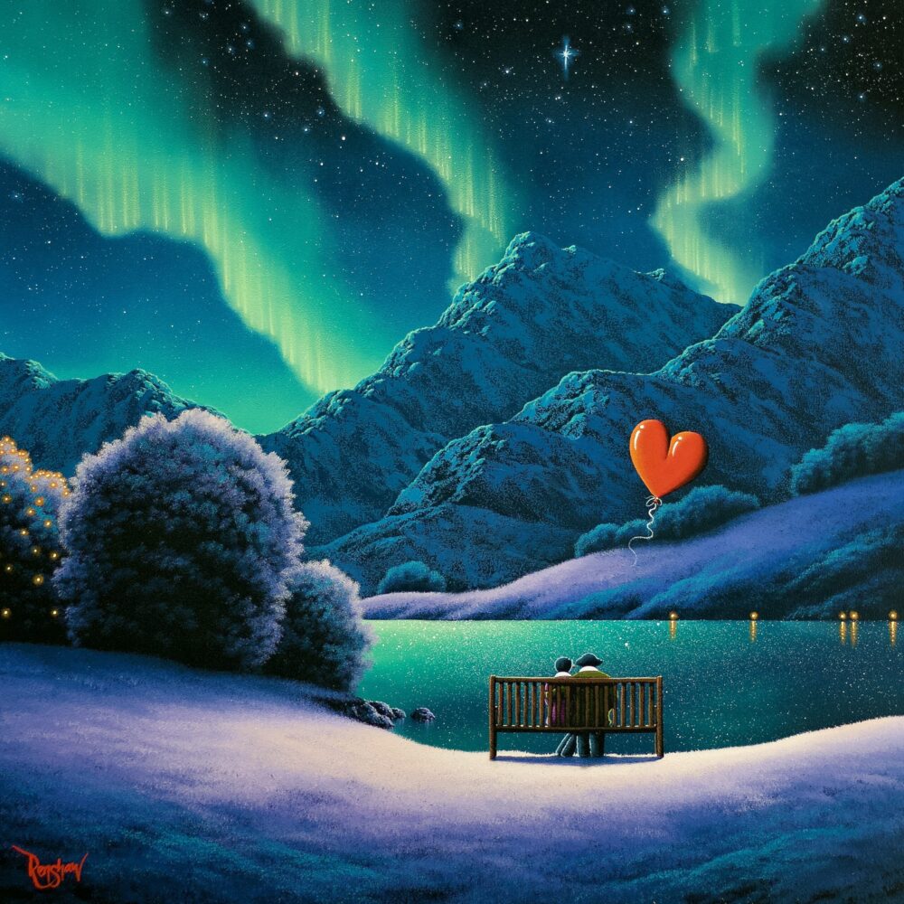 You Are My Shining Aurora Borealis by David Renshaw Oil painting by David Renshaw featuring Ted and Doris under the Northern Lights in a wintery landscape