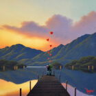lake district art romantic original oil painting by david renshaw. featuring Ted and Doris with red hearts on jetty overlooking sunset lake and fells