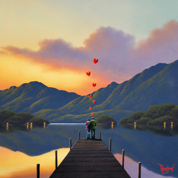 lake district art romantic original oil painting by david renshaw. featuring Ted and Doris with red hearts on jetty overlooking sunset lake and fells