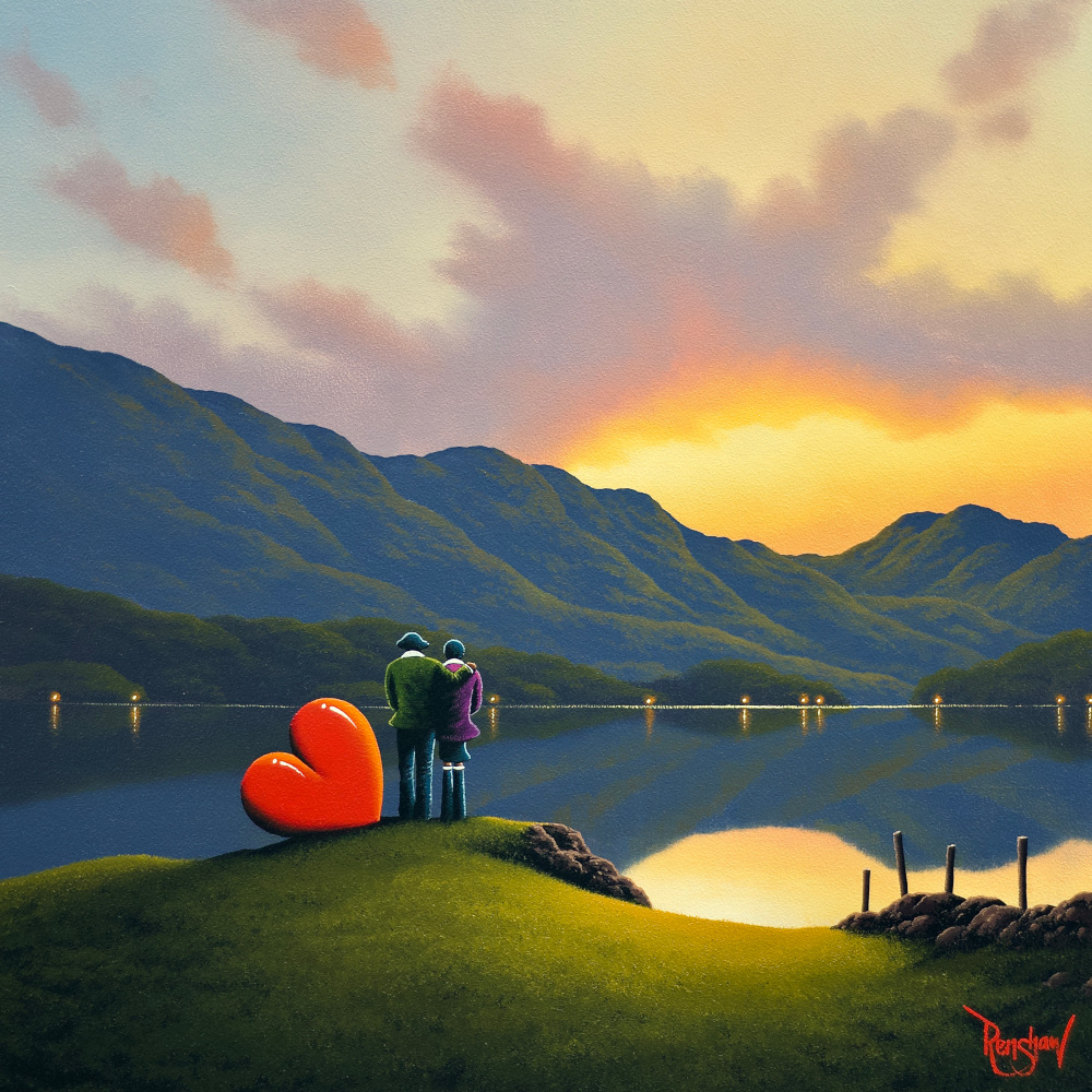 Always In My Heart by David Renshaw lake district art romantic original oil painting by david renshaw. featuring Ted and Doris with red heart overlooking sunset lake and fells