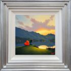 lake district art romantic original oil painting by david renshaw. featuring Ted and Doris with red heart overlooking sunset lake and fells