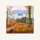 Lake District art mounted print Autumn Walk by Derwentwater of rich orange autumn colour in the woodland with the lake and mountains in the distance.