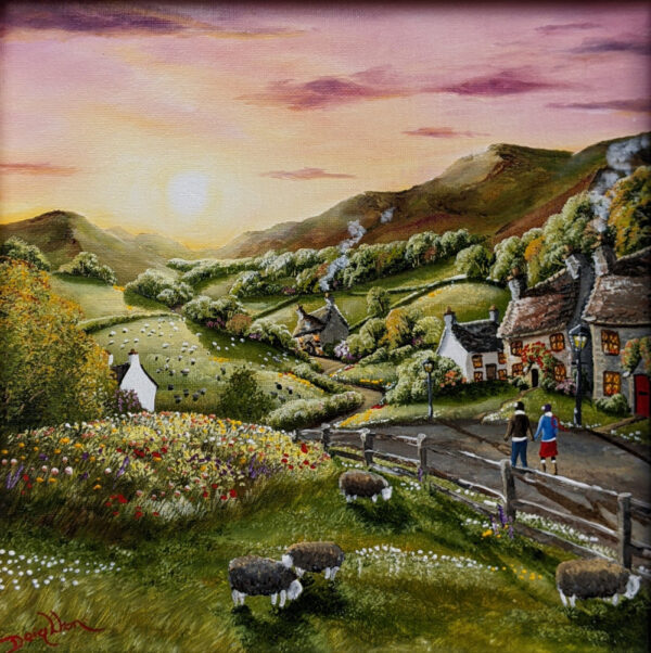 Lake District art original oil acrylic painting by Caroline Deighton. Blooming Meadow. Couple walk holding hands along countryside lane passing cottages herdwick sheep and colourful flowers