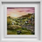 Lake District art original oil acrylic painting by Caroline Deighton. Blooming Meadow. Couple walk holding hands along countryside lane passing cottages herdwick sheep and colourful flowers