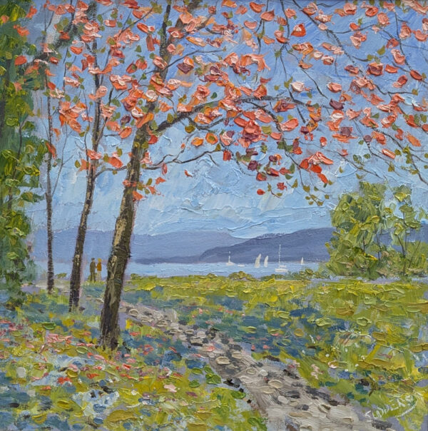 Lake District art original oil painting by Jeff Sudders. Blossom in the park. Couple walk along lakeside shoreline path under pink cherry blossom on spring day