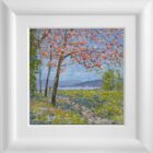Lake District art original oil painting by Jeff Sudders. Blossom in the park. Couple walk along lakeside shoreline path under pink cherry blossom on spring day