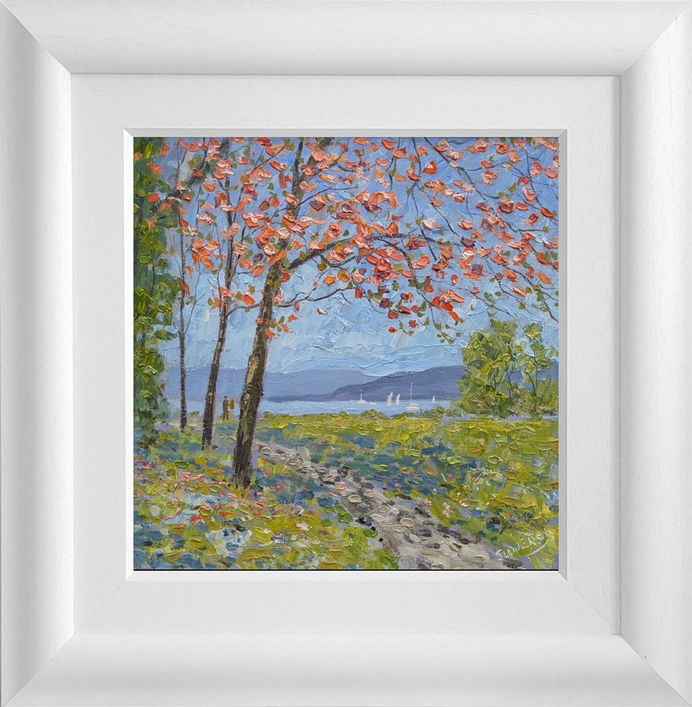 Lake District art original oil painting by Jeff Sudders. Blossom in the park. Couple walk along lakeside shoreline path under pink cherry blossom on spring day