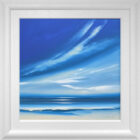 Lake District art original acrylic painting blue Skies by Jonathan Shaw of a dramatic coastal skyscape in rich sky blue light displayed in a white cushioned frame