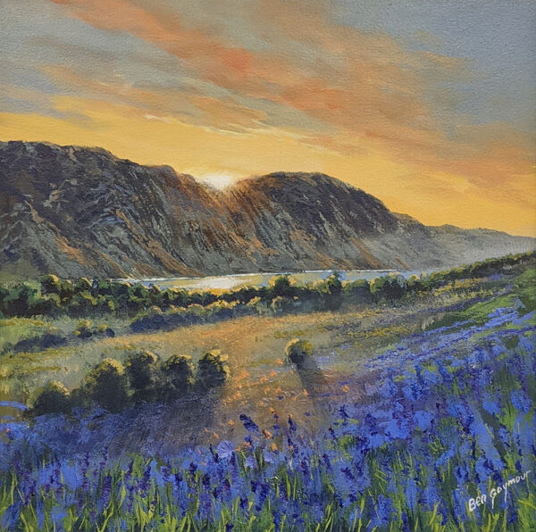Lake District art original oil painting Blluebells Crummock Water by Ben Goymour of the fellside swathed in bluebells.