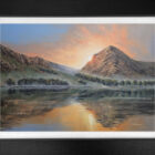 Lake District art original oil painting by Ben Goymour. sunset view over buttermere looking across shoreline to fleetwith pike fell