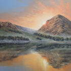 Lake District art original oil painting by Ben Goymour. sunset view over buttermere looking across shoreline to fleetwith pike fell