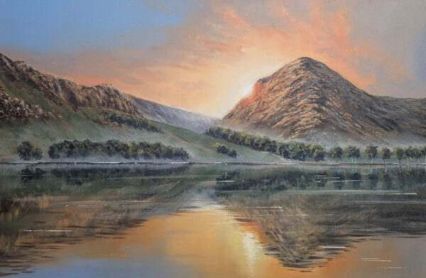 Lake District art original oil painting by Ben Goymour. sunset view over buttermere looking across shoreline to fleetwith pike fell