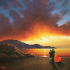 Lake District art original oil painting cant stop loving you by David Renshaw. featuring ted and doris overlooking a coastal beach scene or lakeshore at fiery sunset