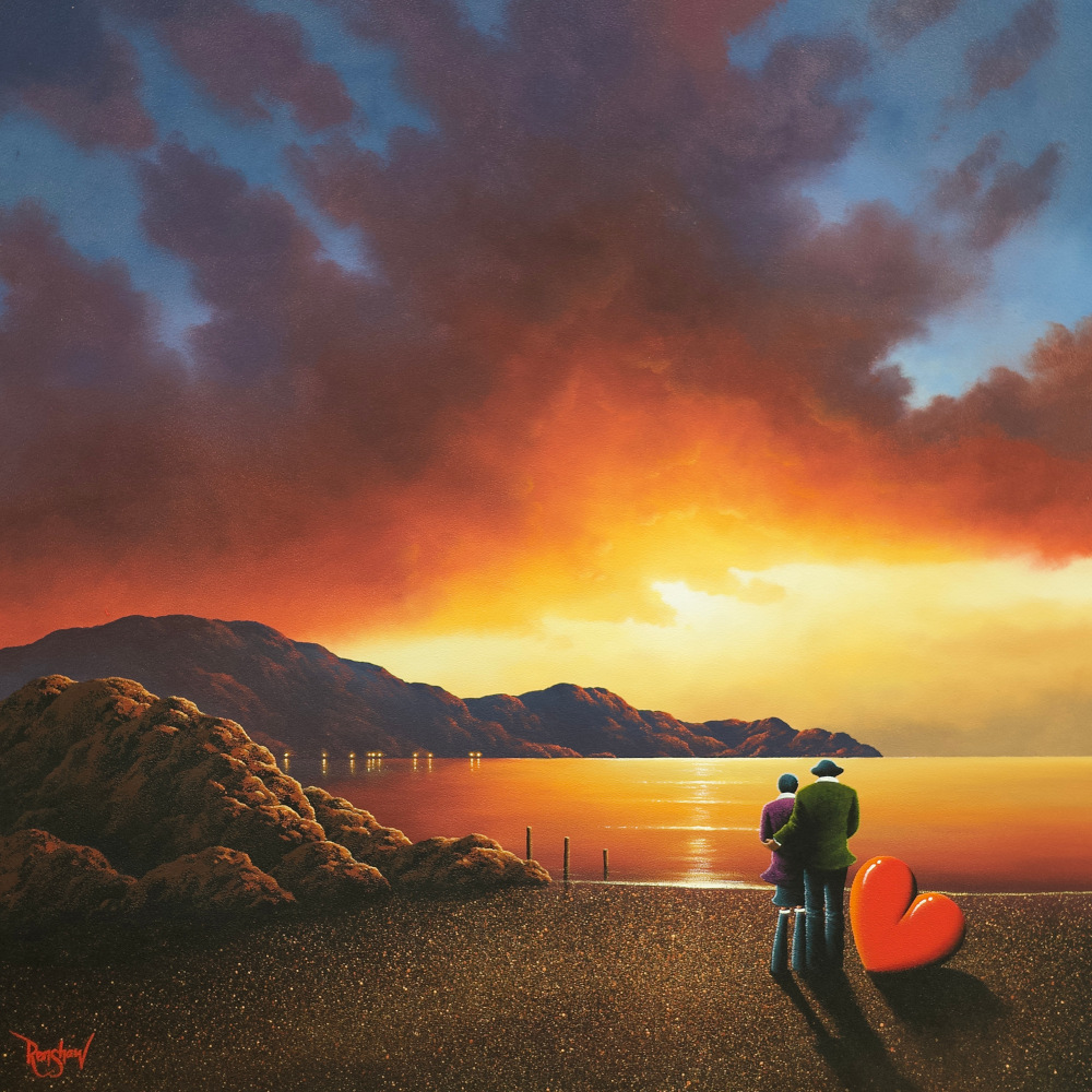 Can't stop Loving you! Lake District art original oil painting cant stop loving you by David Renshaw. featuring ted and doris overlooking a coastal beach scene or lakeshore at fiery sunset