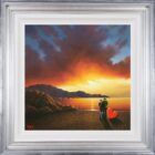Lake District art original oil painting cant stop loving you by David Renshaw. featuring ted and doris overlooking a coastal beach scene or lakeshore at fiery sunset
