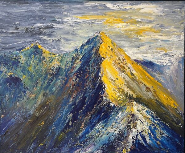lake district art original mixed media painting on canvas by local cumbrian artist tim brown. acrylic plaster textured relief painting depicting striding edge helvellyn in impasto colour