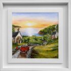 Lake District art original oil acrylic painting by Caroline Deighton. Coast is Calling. couple drive on countryside road towards sunset ocean view with lighthouse in distance