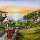 Lake District art original oil acrylic painting by Caroline Deighton. Coast is Calling. couple drive on countryside road towards sunset ocean view with lighthouse in distance