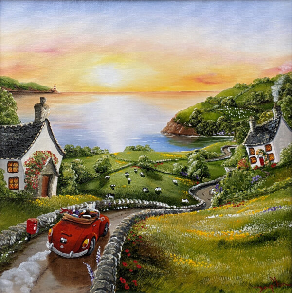 Lake District art original oil acrylic painting by Caroline Deighton. Coast is Calling. couple drive on countryside road towards sunset ocean view with lighthouse in distance