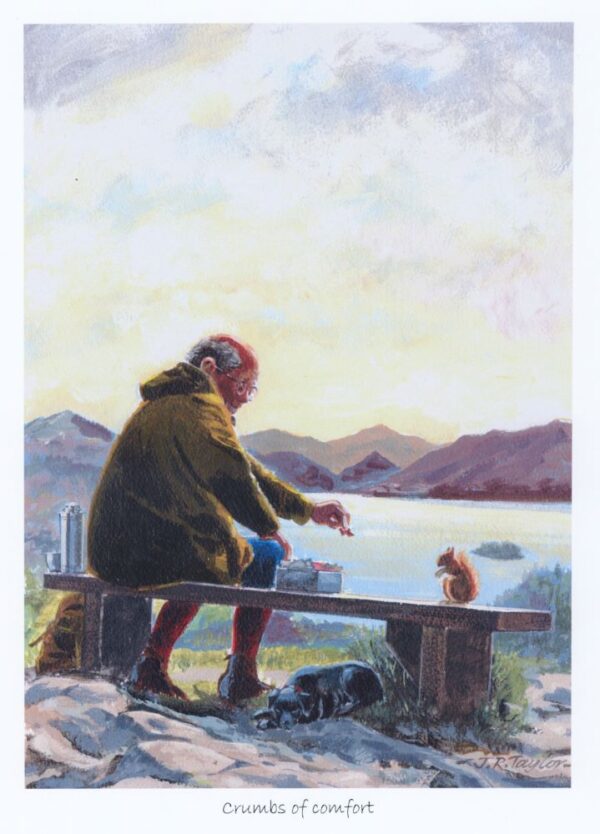 Lake District art by Jim Taylor. Crumbs of Comfort an art print featuring an old man and his dog on their Lakeland travels. A sweet and often funny story.