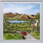 Lake District art original oil acrylic painting by Caroline Deighton. Curiosity at Catbells. couple drive in red car on countryside lakeland roads past herdwick sheep overlooking derwentwater
