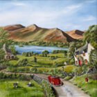Lake District art original oil acrylic painting by Caroline Deighton. Curiosity at Catbells. couple drive in red car on countryside lakeland roads past herdwick sheep overlooking derwentwater