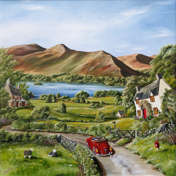 Lake District art original oil acrylic painting by Caroline Deighton. Curiosity at Catbells. couple drive in red car on countryside lakeland roads past herdwick sheep overlooking derwentwater