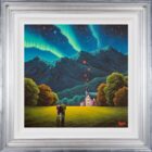 Lake District art original oil painting emerald skies endless love by David Renshaw. featuring ted and doris overlooking a northern lights aurora borealis snowy mountains house and love heart