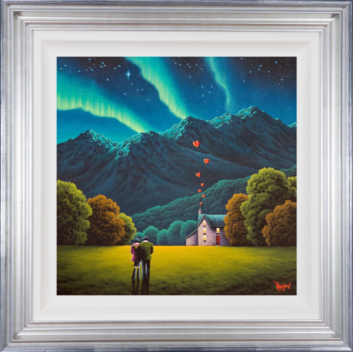 Lake District art original oil painting emerald skies endless love by David Renshaw. featuring ted and doris overlooking a northern lights aurora borealis snowy mountains house and love heart