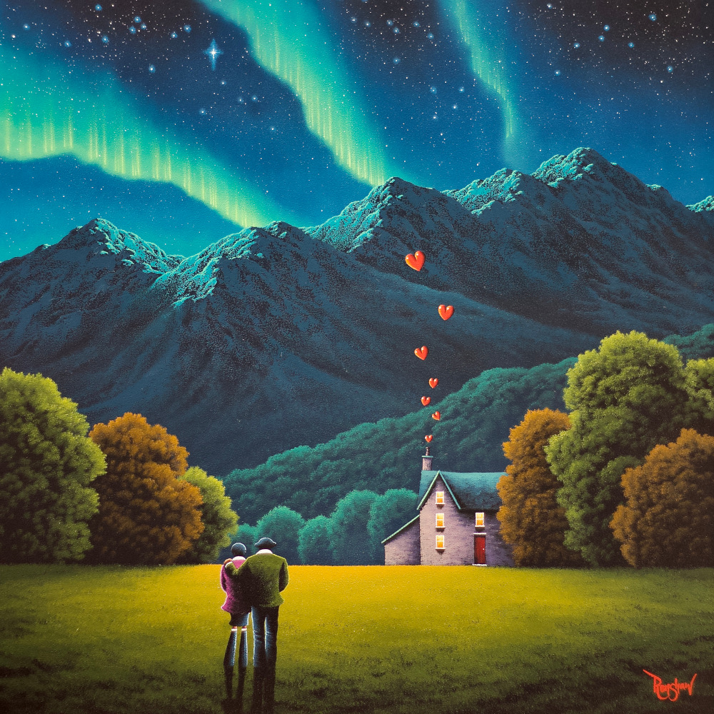 Emerald Skies, Endless Love By David Renshaw Lake District art original oil painting emerald skies endless love by David Renshaw. featuring ted and doris overlooking a northern lights aurora borealis snowy mountains house and love heart