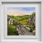 Lake District art original oil acrylic painting by Caroline Deighton. Evening Stroll. Couple walk holding hands through quaint countryside village and green fields