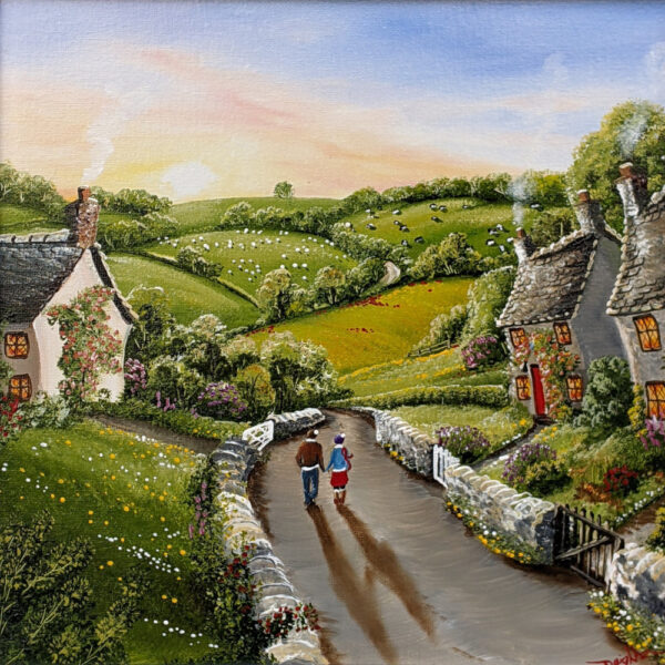 Lake District art original oil acrylic painting by Caroline Deighton. Evening Stroll. Couple walk holding hands through quaint countryside village and green fields