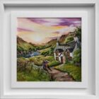 Lake District art original oil acrylic painting by Caroline Deighton. Flocking South. Couple and dog stand outside quaint cottage overlooking sunset fells stream and migrating birds