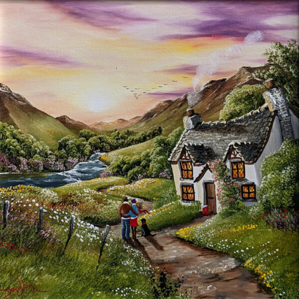 Lake District art original oil acrylic painting by Caroline Deighton. Flocking South. Couple and dog stand outside quaint cottage overlooking sunset fells stream and migrating birds