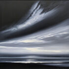 Acrylic painting by Jonathan Shaw of dark skies with light coming through the sweeping clouds, reflecting in the water
