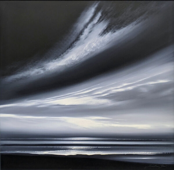 Acrylic painting by Jonathan Shaw of dark skies with light coming through the sweeping clouds, reflecting in the water