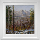 lake district art original oil painting by local artist Jeff Sudders. Snow kissed flowers in Foreground with a snowy Helm Crag in the distance