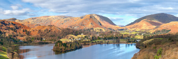 elevated view over grasmere featuring helm crag steel fell seat sandal and dunmail raise with autumnal colours